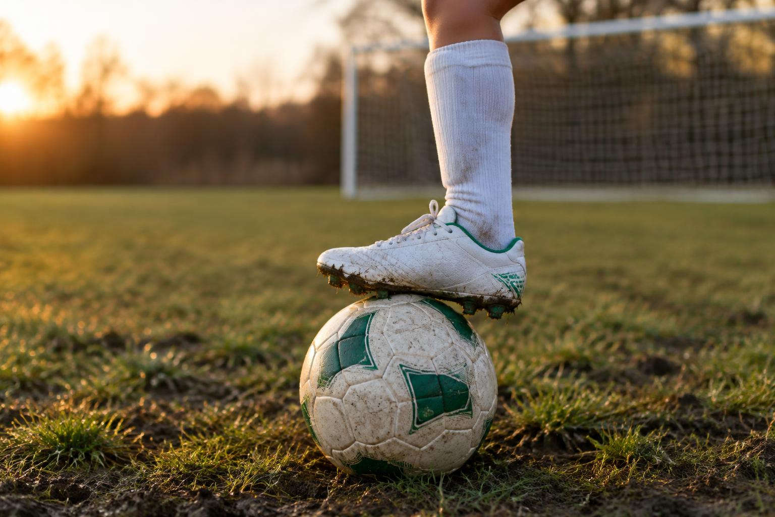 Fot i fotbollsko vilande på en fotboll på en gräsplan i kvällsljus